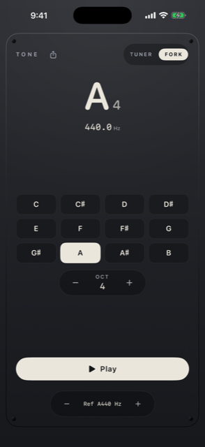 FORK mode: a grid of twelve notes, octave control, and a play button.