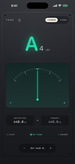 Tuner screen locked in tune: needle upright, note and centre tick lit emerald.